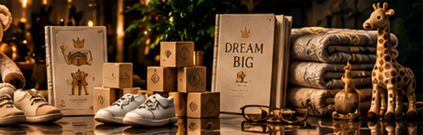 Children's storybooks, wooden alphabet blocks, small white sneakers, folded knit blankets and a wooden giraffe toy on lit black marble.