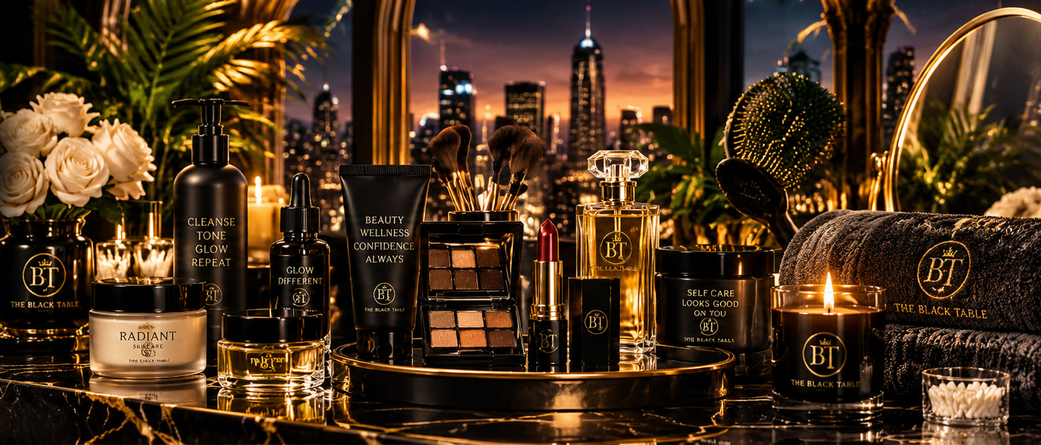 A lit black-marble vanity of skincare jars, serum droppers, a pump cleanser, makeup brushes, an eyeshadow palette, lipstick, a gold fragrance flask, candles and folded towels, with white roses and a city skyline behind.