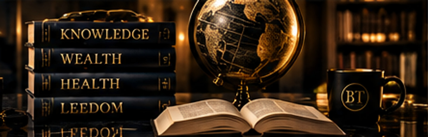 A stack of gold-lettered hardbacks, an open book, a gold-leaf globe and a black BT mug in a warmly lit library.