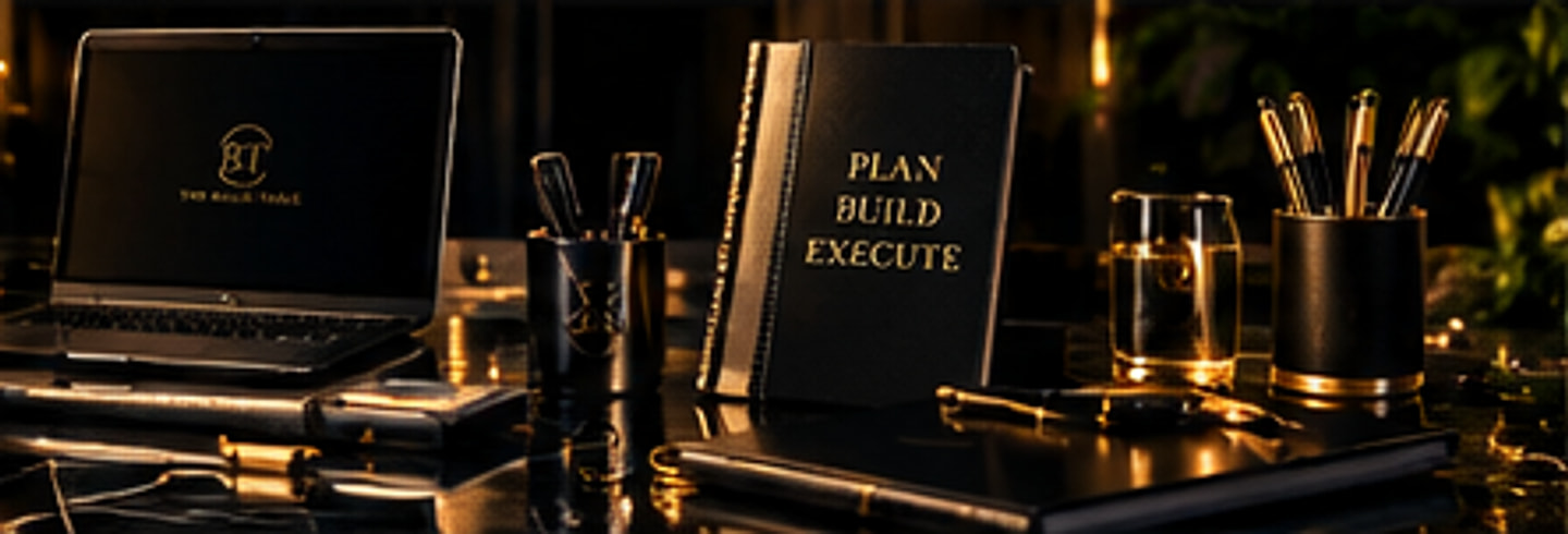 A black laptop, a gold-lettered planner, pen cups, glassware and stacked notebooks on lit black marble.