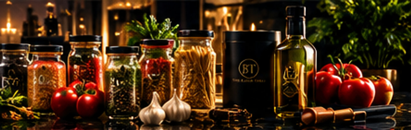 Glass jars of spices, chillies, peppercorns and pasta beside a black tea canister, an olive-oil bottle, garlic, tomatoes and fresh herbs on lit black marble.