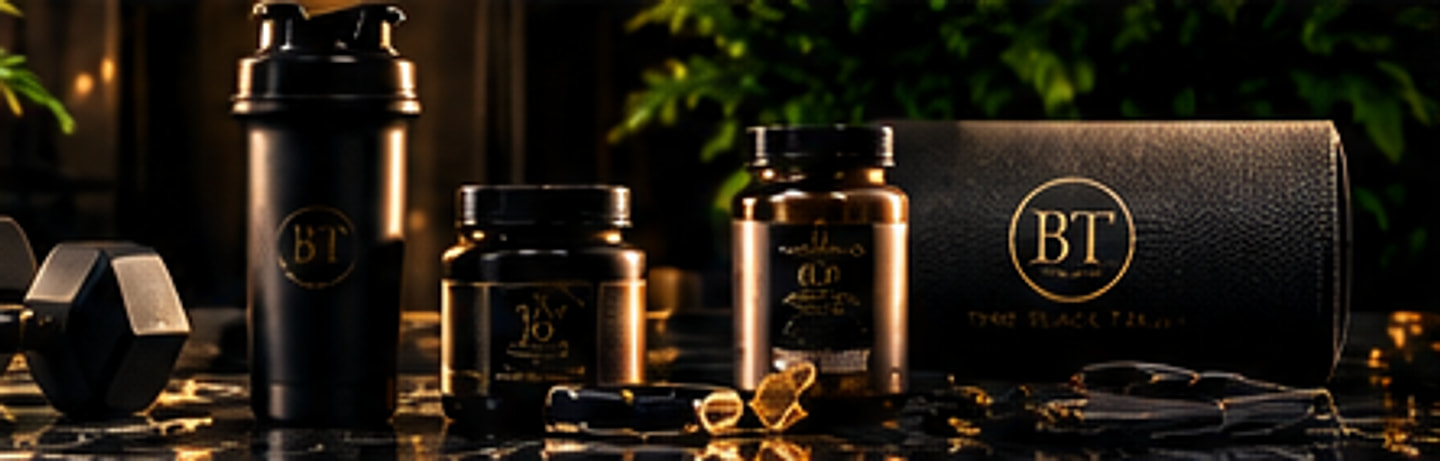 A black protein shaker, amber supplement jars, a leather wellness case and hex dumbbells among green foliage on lit black marble.