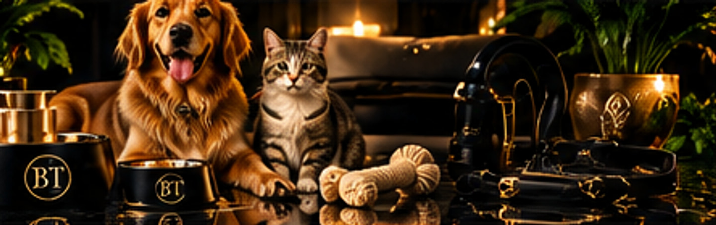 A golden retriever and a tabby cat beside black BT feeding bowls, a rope toy, a brass bowl and a leash on lit black marble.