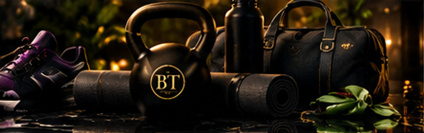 Purple training shoes, a black kettlebell, a rolled yoga mat, a water bottle and a leather duffel on lit black marble.
